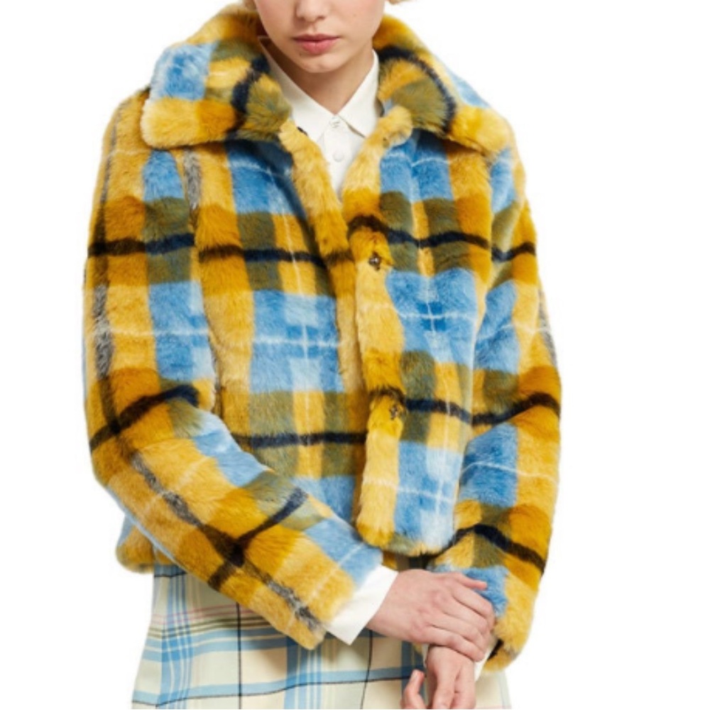 New Esprit X Opening Ceremony Crop faux fur plaid jacket